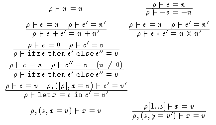 $\begin{array}
{c@{\hspace{0ex}}c}
\rho \mathrel{\raisebox{-.25ex}{$\vdash$}}n =...
 ...box{$
 \rho, (s, y=v') \mathrel{\raisebox{-.25ex}{$\vdash$}}x = v$}}\end{array}$